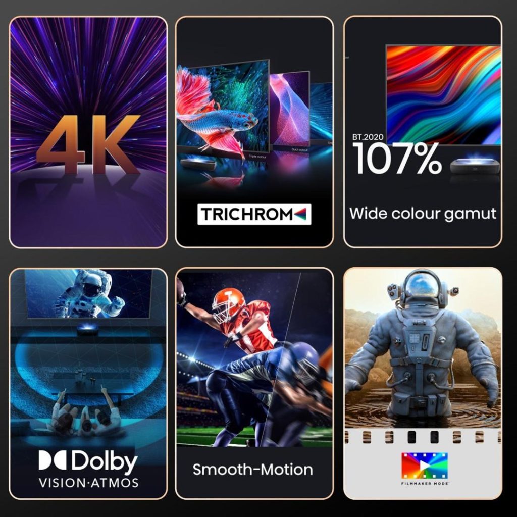 Hisense 120L9HA projection TV Ultra short throw projector 3000 ANSI lumens DLP UHD 4K (3840x2160) Black, Dark Grey